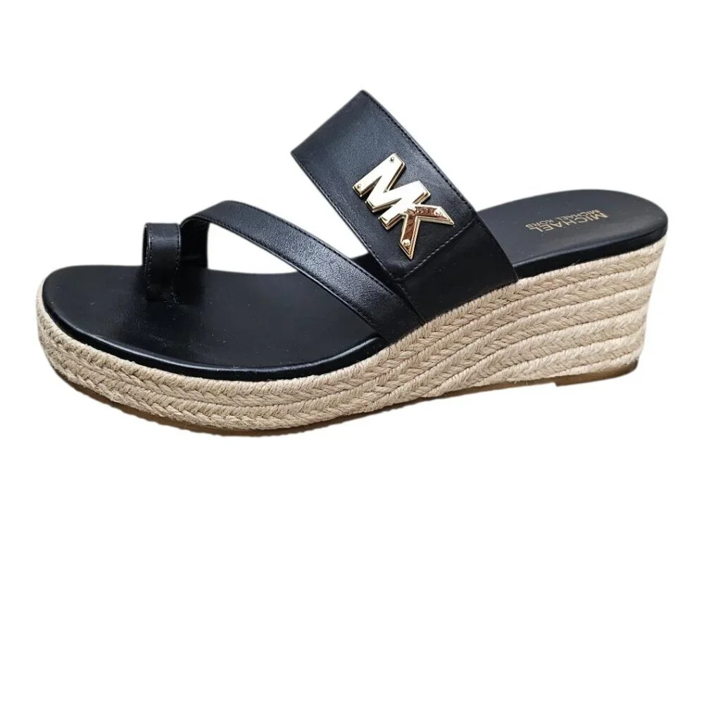 Michael Kors New Women's Jilly Logo Leather Espadrille Wedge Sandals Black 8.5